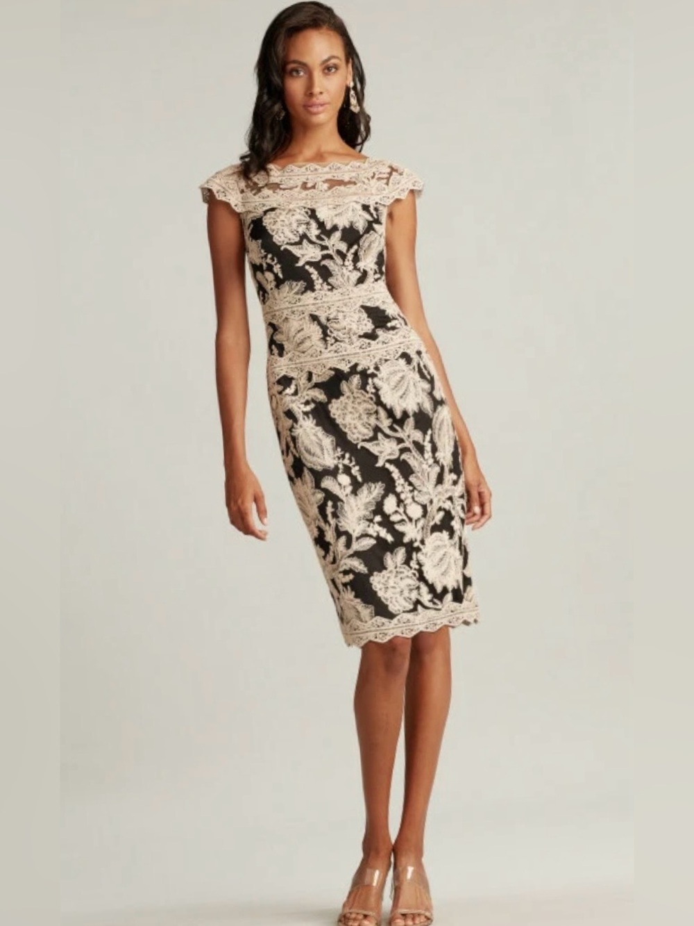 NWT Tadashi Shoji Black Sheath with Tan/Blush Crocheted Floral Lace SZ 12 $389